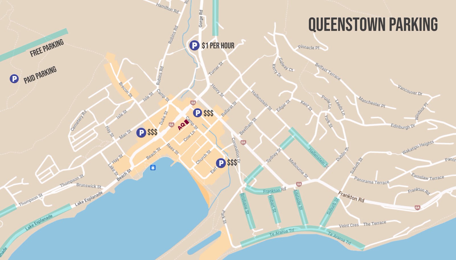 Queenstown parking map showing free and paid parking areas